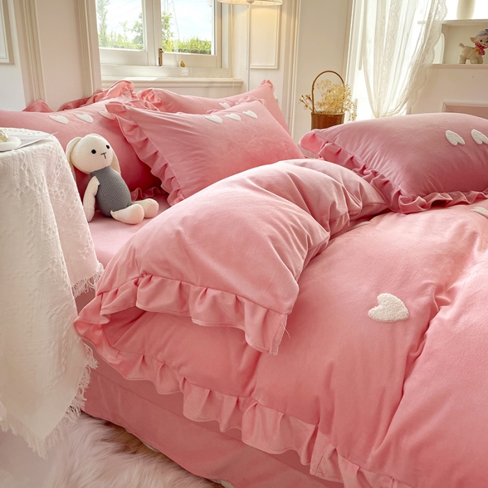 91家纺网 家纺一手货源 找家纺 金米诺 2022直播供货韩版花边纯色牛奶绒水晶四件套 粉玉色