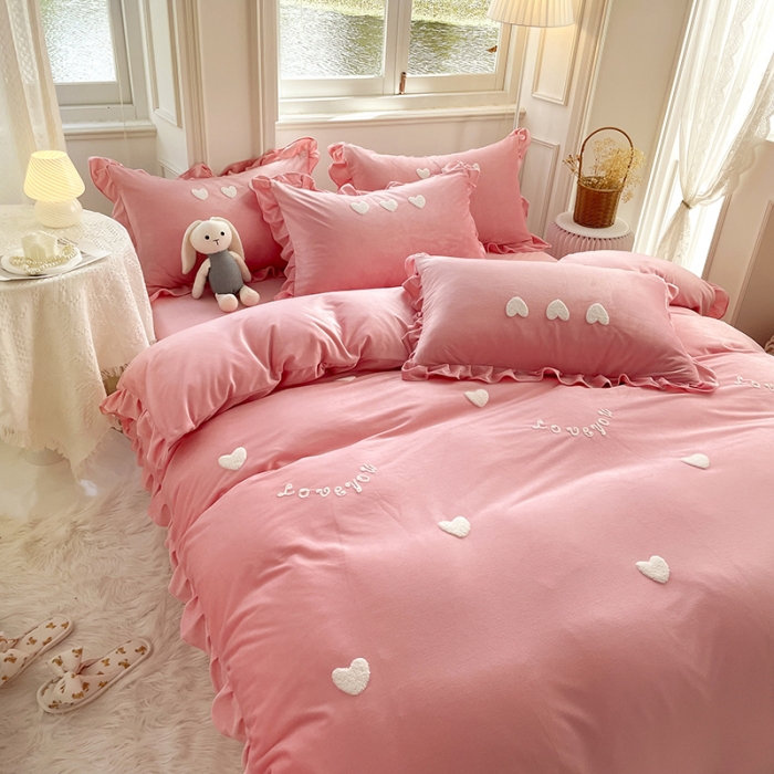 91家纺网 家纺一手货源 找家纺 金米诺 2022直播供货韩版花边纯色牛奶绒水晶四件套 粉玉色