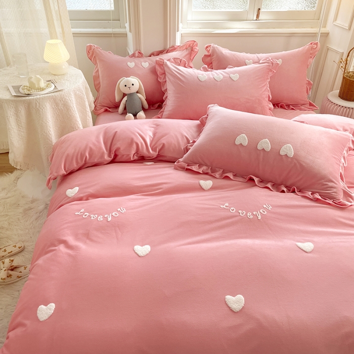 91家纺网 家纺一手货源 找家纺 金米诺 2022直播供货韩版花边纯色牛奶绒水晶四件套 粉玉色