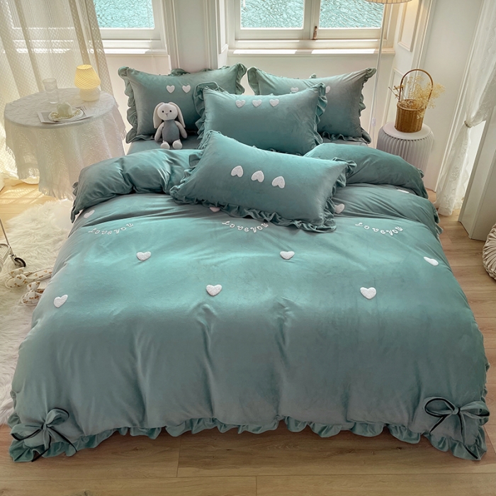 91家纺网 家纺一手货源 找家纺 金米诺 2022直播供货韩版花边纯色牛奶绒水晶四件套 橄榄绿