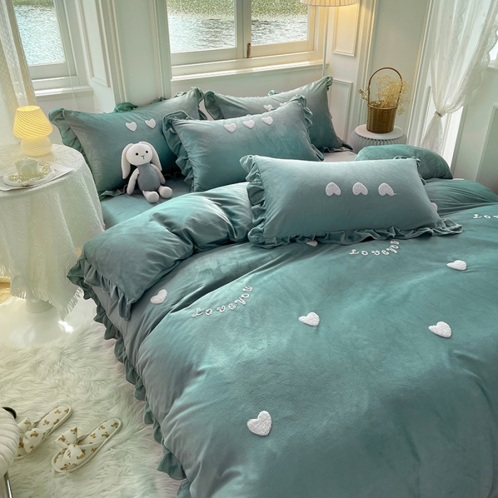 91家纺网 家纺一手货源 找家纺 金米诺 2022直播供货韩版花边纯色牛奶绒水晶四件套 橄榄绿