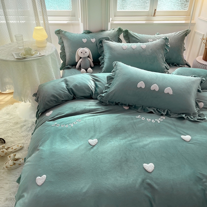 91家纺网 家纺一手货源 找家纺 金米诺 2022直播供货韩版花边纯色牛奶绒水晶四件套 橄榄绿