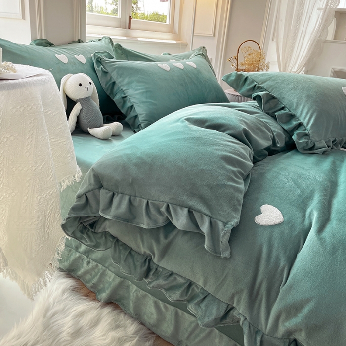 91家纺网 家纺一手货源 找家纺 金米诺 2022直播供货韩版花边纯色牛奶绒水晶四件套 橄榄绿