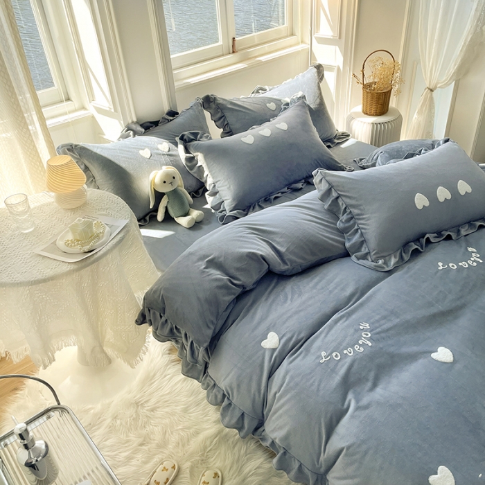91家纺网 家纺一手货源 找家纺 金米诺 2022直播供货韩版花边纯色牛奶绒水晶四件套 星空灰