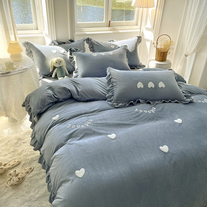 91家纺网 家纺一手货源 找家纺 金米诺 2022直播供货韩版花边纯色牛奶绒水晶四件套 星空灰