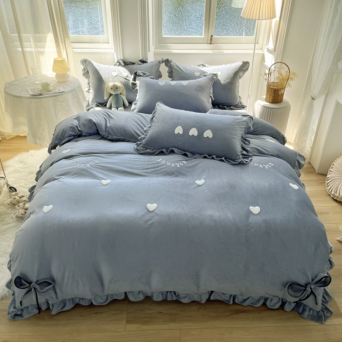 91家纺网 家纺一手货源 找家纺 金米诺 2022直播供货韩版花边纯色牛奶绒水晶四件套 星空灰