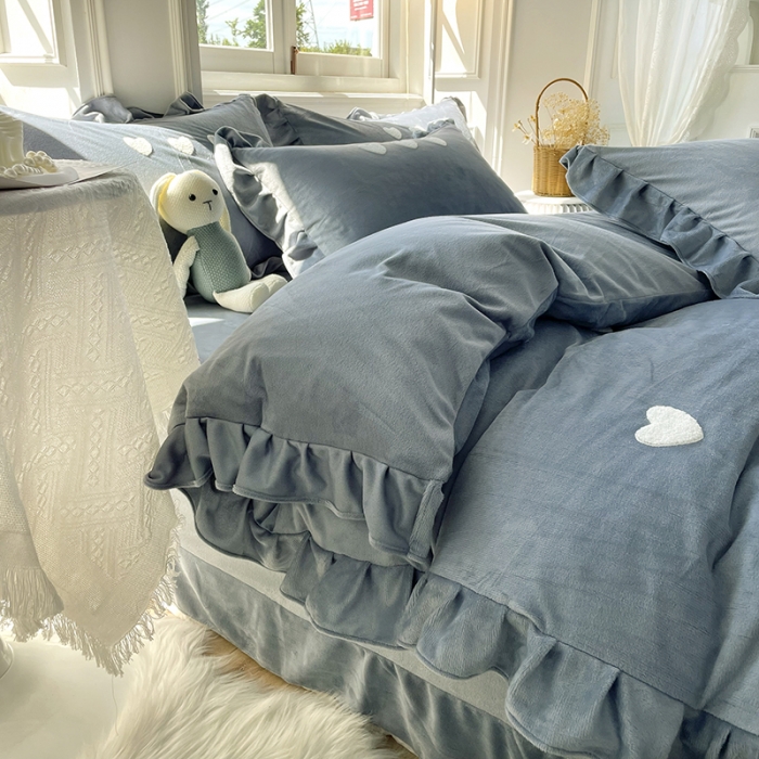 91家纺网 家纺一手货源 找家纺 金米诺 2022直播供货韩版花边纯色牛奶绒水晶四件套 星空灰