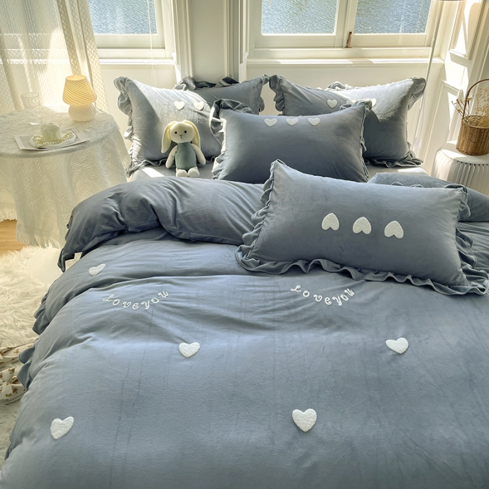 91家纺网 家纺一手货源 找家纺 金米诺 2022直播供货韩版花边纯色牛奶绒水晶四件套 星空灰