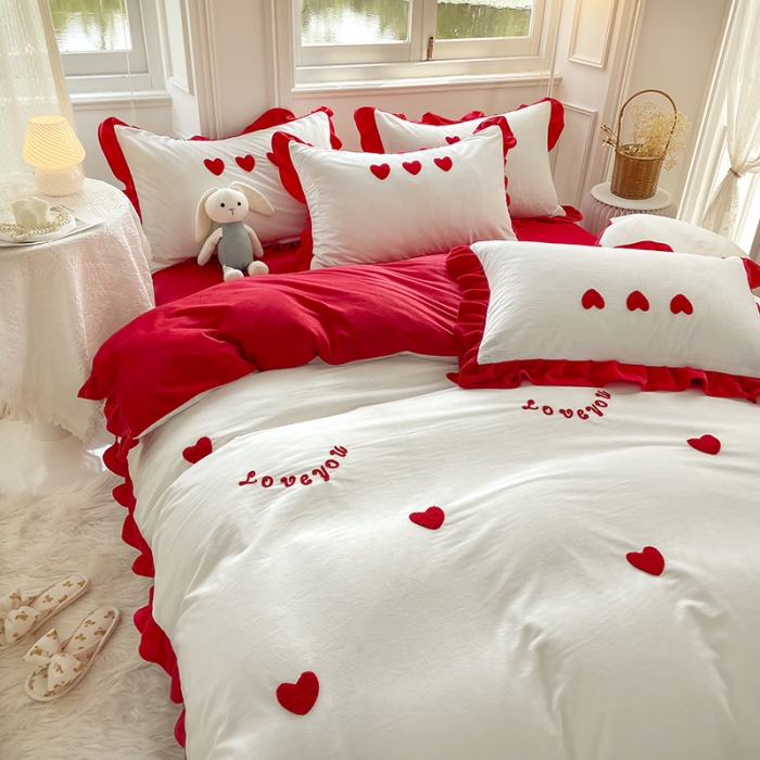 91家纺网 家纺一手货源 找家纺 金米诺 2022直播供货韩版花边纯色牛奶绒水晶四件套 珍珠白拼红