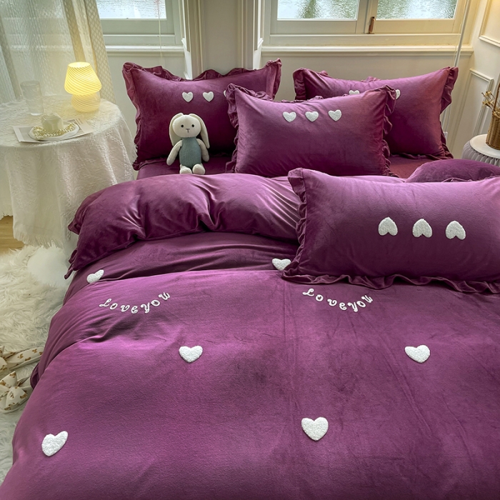 91家纺网 家纺一手货源 找家纺 金米诺 2022直播供货韩版花边纯色牛奶绒水晶四件套 紫色