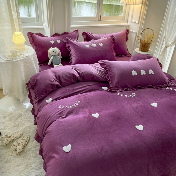 91家纺网 家纺一手货源 找家纺 金米诺 2022直播供货韩版花边纯色牛奶绒水晶四件套 紫色