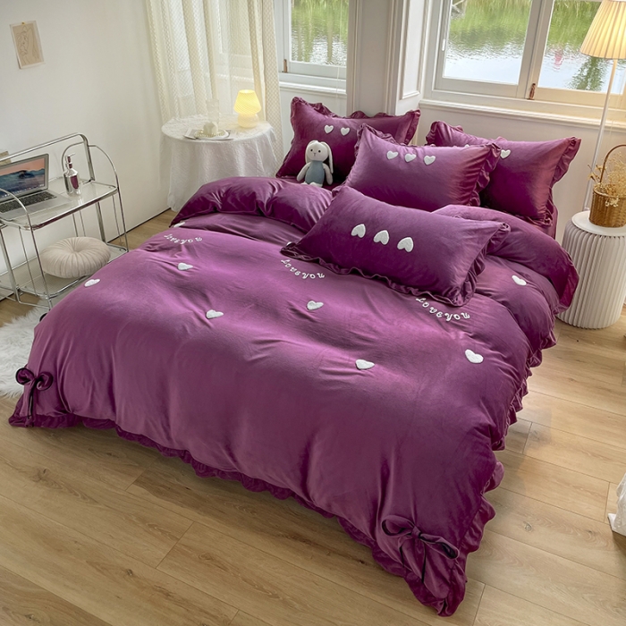 91家纺网 家纺一手货源 找家纺 金米诺 2022直播供货韩版花边纯色牛奶绒水晶四件套 紫色