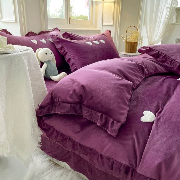 91家纺网 家纺一手货源 找家纺 金米诺 2022直播供货韩版花边纯色牛奶绒水晶四件套 紫色