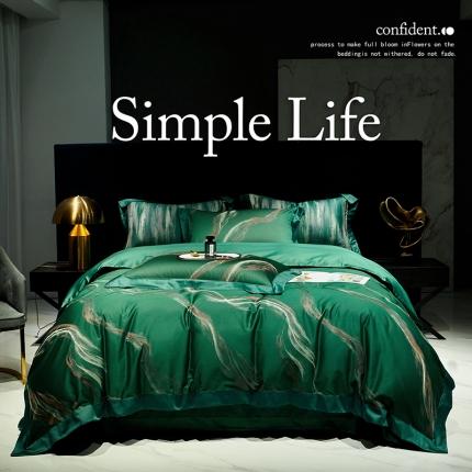 91家纺网 家纺一手货源 找家纺 奢华140支臻丝色织提花高定阿克苏长绒棉四件套奥维斯-墨绿
