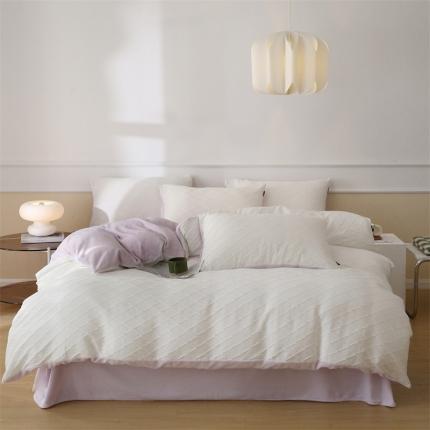 91家纺网 家纺一手货源 找家纺 婳庭 2023新款水洗棉绒菱格四件套 菱格-白+紫