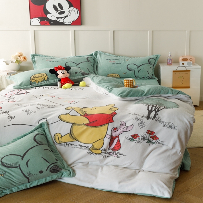 91家纺网 家纺一手货源 找家纺 杜先生 2023新款高克重牛奶绒印花四件套 塔塔熊