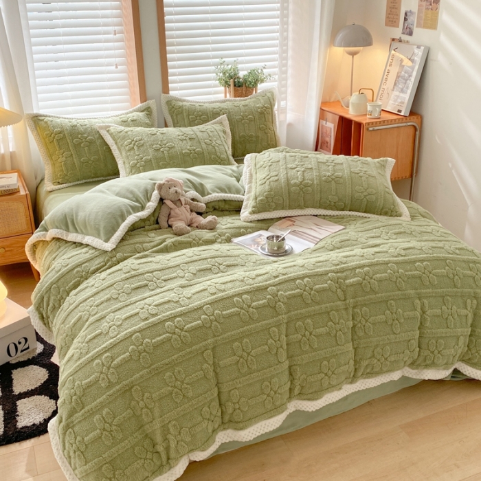 91家纺网 家纺一手货源 找家纺 蜜柚2024新款四叶草系列提花塔芙绒四件套四件套四叶草-果绿