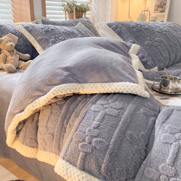 91家纺网 家纺一手货源 找家纺 蜜柚2024新款四叶草系列提花塔芙绒四件套 四叶草-星空灰