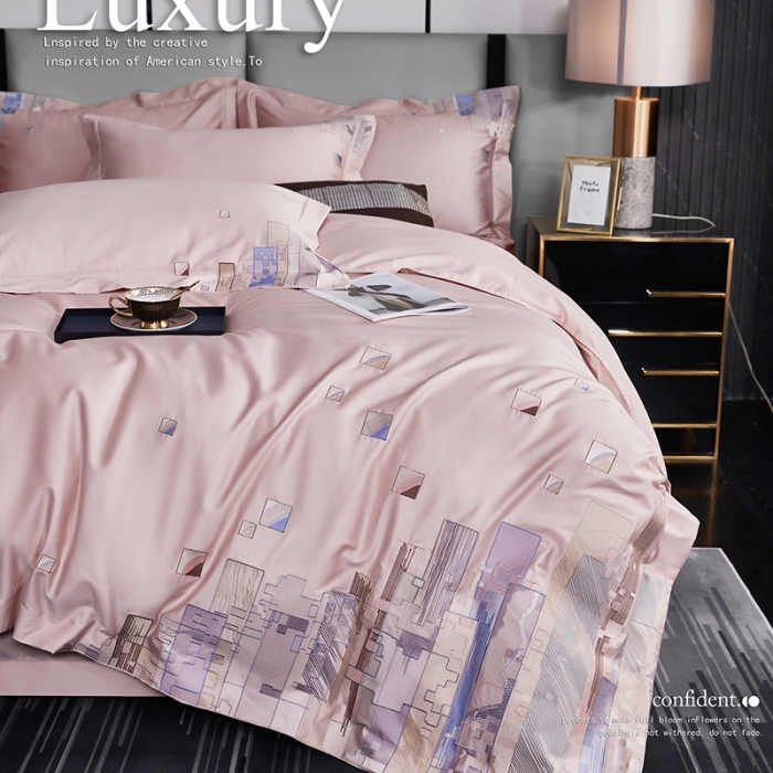 91家纺网 家纺一手货源 找家纺 宅家居24新款180支阿克苏长绒棉刺绣全棉四件套-慕森初夏粉