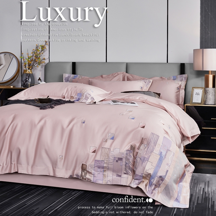 91家纺网 家纺一手货源 找家纺 宅家居24新款180支阿克苏长绒棉刺绣全棉四件套-慕森初夏粉