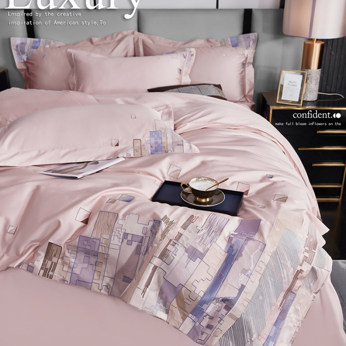 91家纺网 家纺一手货源 找家纺 宅家居24新款180支阿克苏长绒棉刺绣全棉四件套-慕森初夏粉