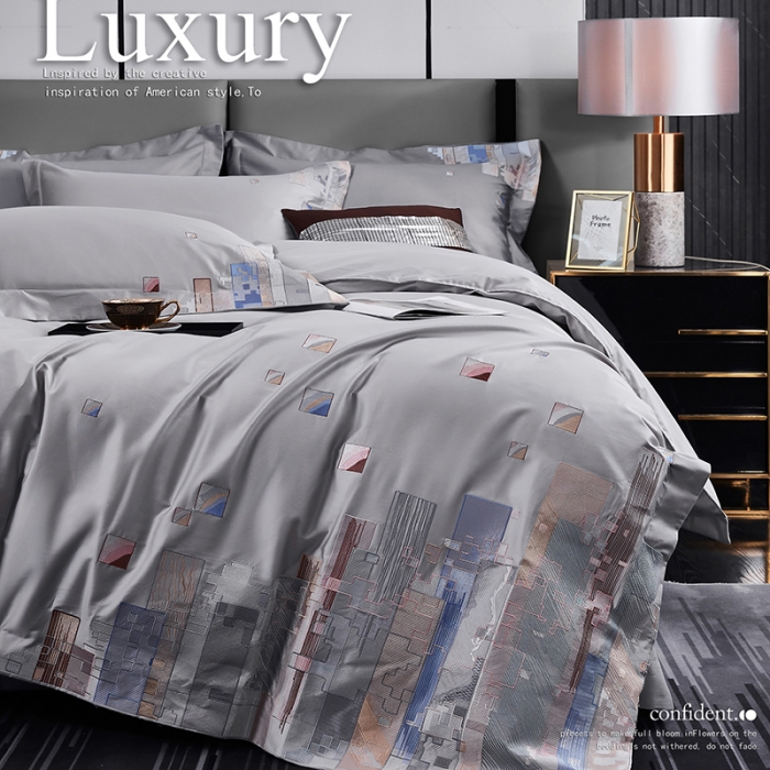 91家纺网 家纺一手货源 找家纺 宅家居24新款180支阿克苏长绒棉刺绣全棉四件套-慕森高级灰