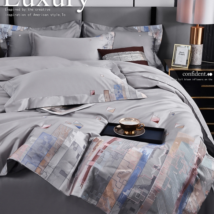 91家纺网 家纺一手货源 找家纺 宅家居24新款180支阿克苏长绒棉刺绣全棉四件套-慕森高级灰