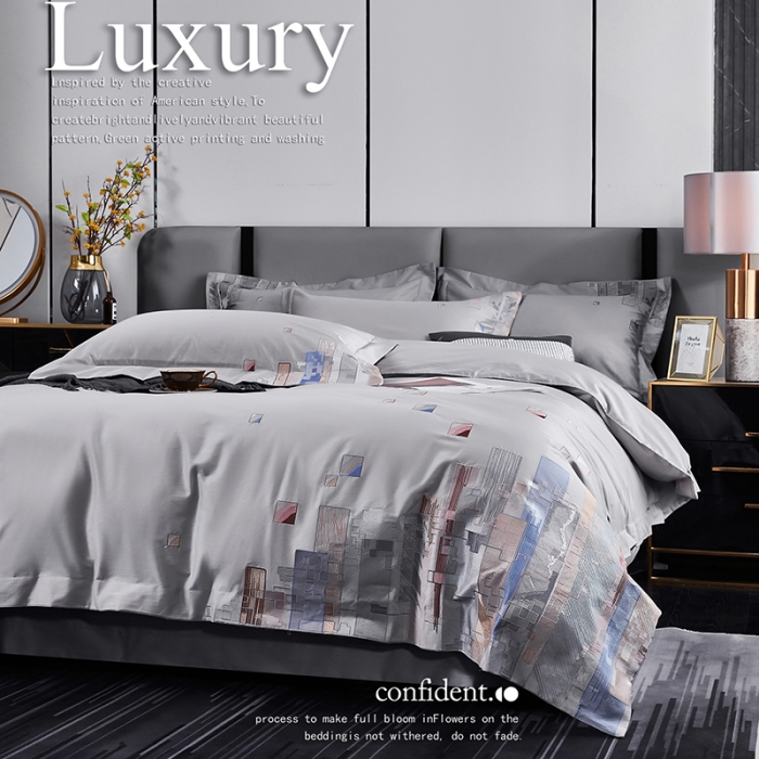 91家纺网 家纺一手货源 找家纺 宅家居24新款180支阿克苏长绒棉刺绣全棉四件套-慕森高级灰