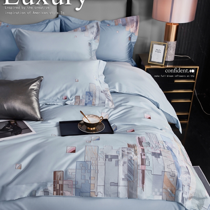 91家纺网 家纺一手货源 找家纺 宅家居24新款180支阿克苏长绒棉刺绣全棉四件套-慕森湖水蓝