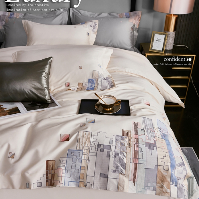 91家纺网 家纺一手货源 找家纺 宅家居24新款180支阿克苏长绒棉刺绣全棉四件套-慕森月光白