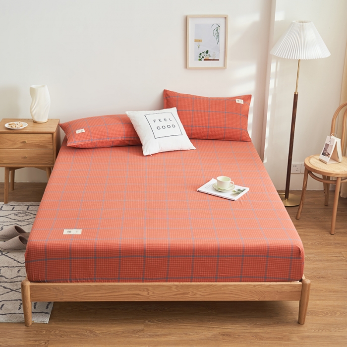 91家纺网 家纺一手货源 找家纺 21度C 2023新款A类全棉色织水洗棉单品床笠 贝拉格-桔