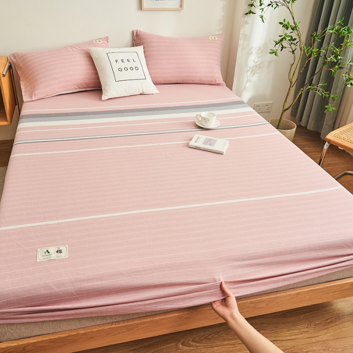 91家纺网 家纺一手货源 找家纺 21度C 2023新款A类全棉色织水洗棉单品床笠 豆寇粉