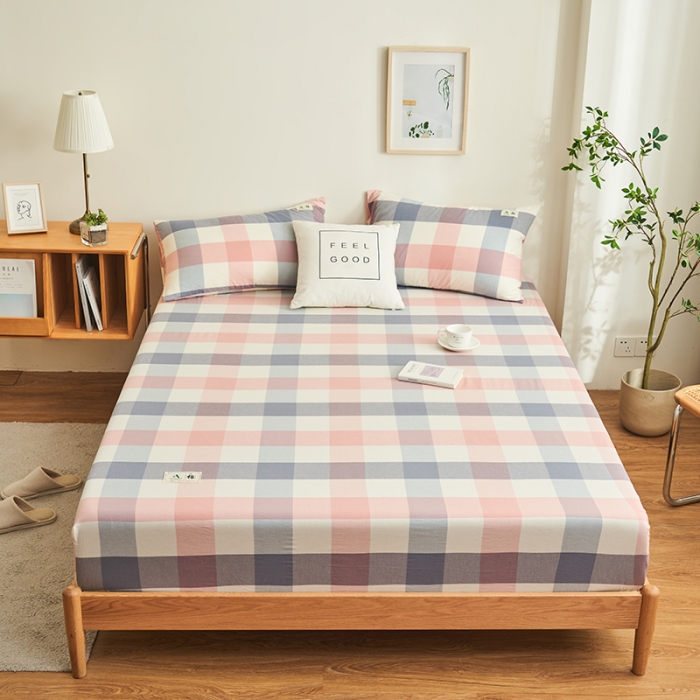 91家纺网 家纺一手货源 找家纺 21度C 2023新款A类全棉色织水洗棉单品床笠 格韵粉