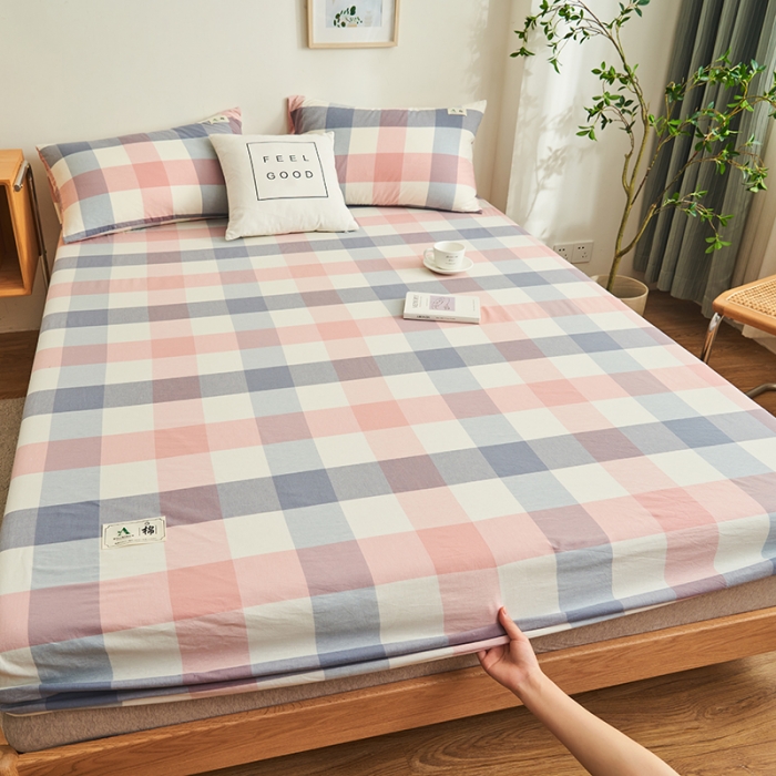 91家纺网 家纺一手货源 找家纺 21度C 2023新款A类全棉色织水洗棉单品床笠 格韵粉