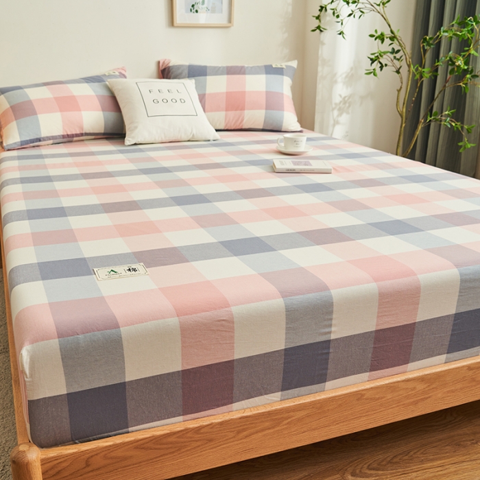 91家纺网 家纺一手货源 找家纺 21度C 2023新款A类全棉色织水洗棉单品床笠 格韵粉