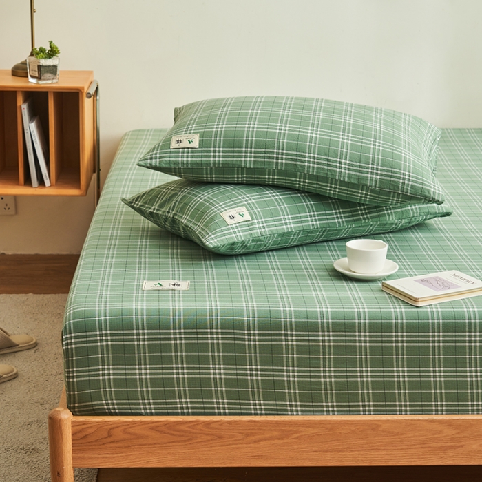 91家纺网 家纺一手货源 找家纺 21度C 2023新款A类全棉色织水洗棉单品床笠 果绿格