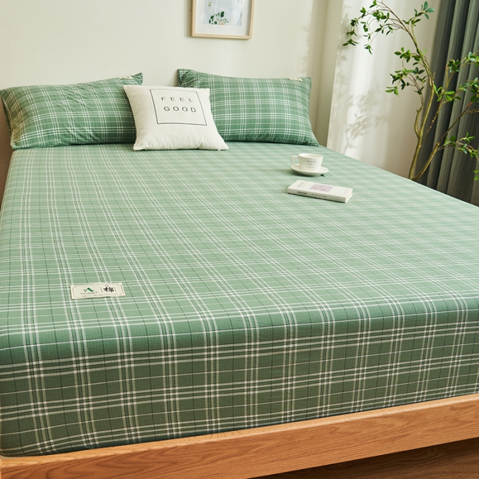 91家纺网 家纺一手货源 找家纺 21度C 2023新款A类全棉色织水洗棉单品床笠 果绿格