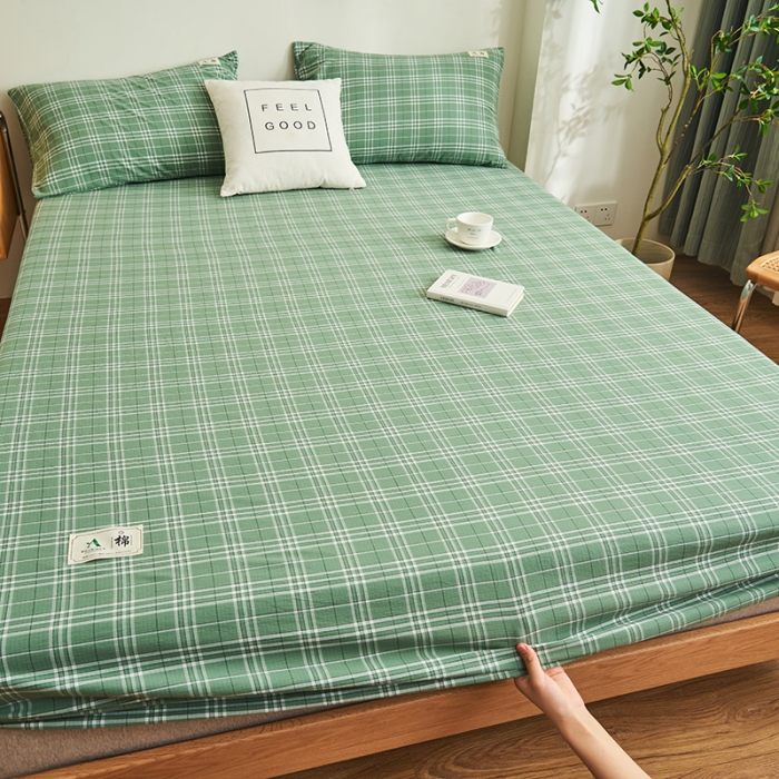 91家纺网 家纺一手货源 找家纺 21度C 2023新款A类全棉色织水洗棉单品床笠 果绿格