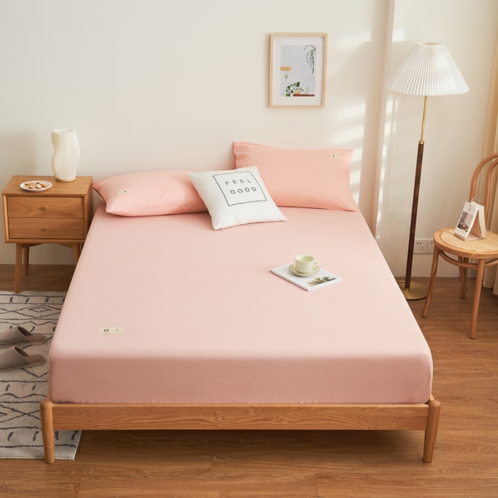 91家纺网 家纺一手货源 找家纺 21度C 2023新款A类全棉色织水洗棉单品床笠 洛卡-粉