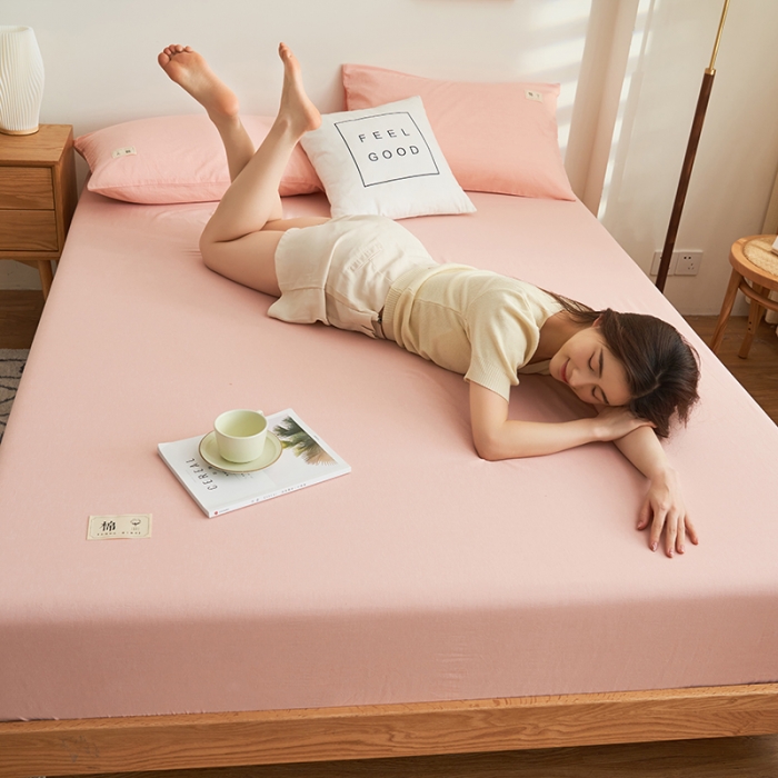 91家纺网 家纺一手货源 找家纺 21度C 2023新款A类全棉色织水洗棉单品床笠 洛卡-粉