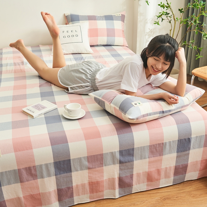 91家纺网 家纺一手货源 找家纺 21度C 2023新款A类全棉色织水洗棉单品床单 格韵粉