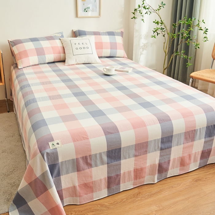 91家纺网 家纺一手货源 找家纺 21度C 2023新款A类全棉色织水洗棉单品床单 格韵粉