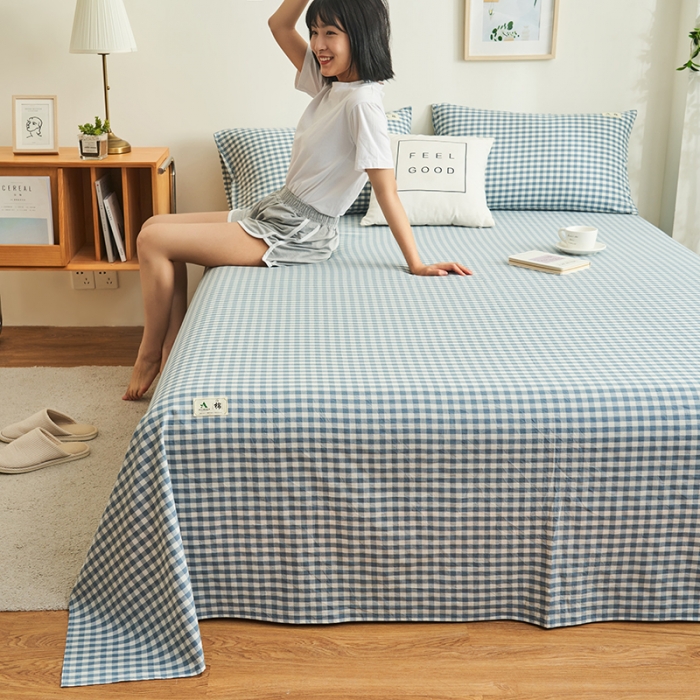 91家纺网 家纺一手货源 找家纺 21度C 2023新款A类全棉色织水洗棉单品床单 蓝小格