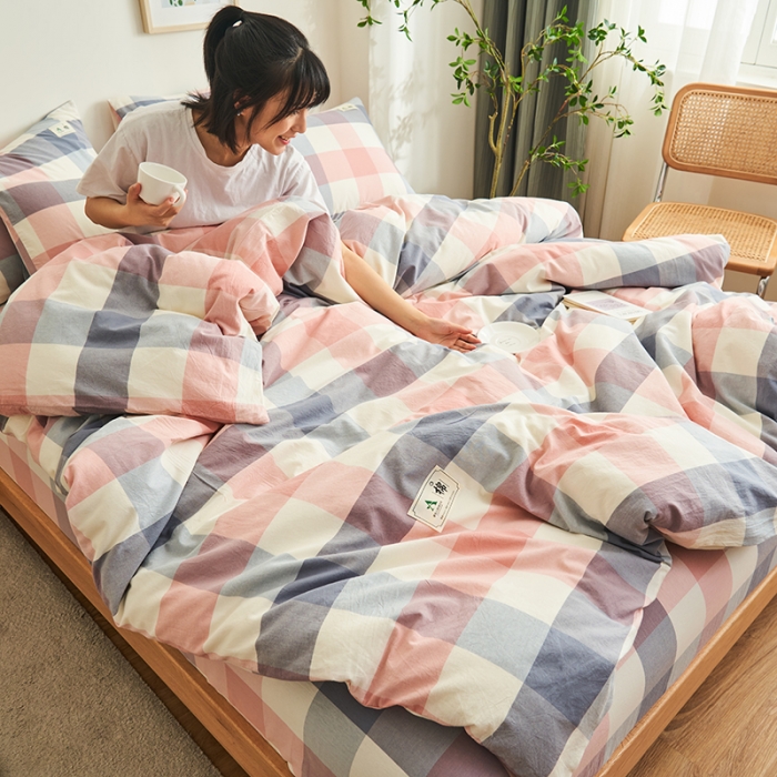 91家纺网 家纺一手货源 找家纺 21度C 2023新款A类全棉色织水洗棉单品被套 格韵粉