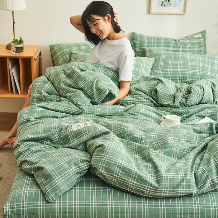 91家纺网 家纺一手货源 找家纺 21度C 2023新款A类全棉色织水洗棉单品被套 果绿格