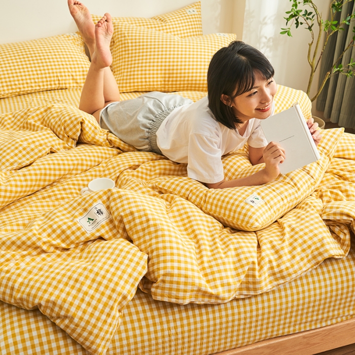 91家纺网 家纺一手货源 找家纺 21度C 2023新款A类全棉色织水洗棉单品被套 黄小格