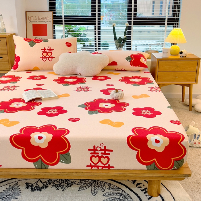 91家纺网 家纺一手货源 找家纺 芃成 2022新款全棉磨毛单床笠 红双喜