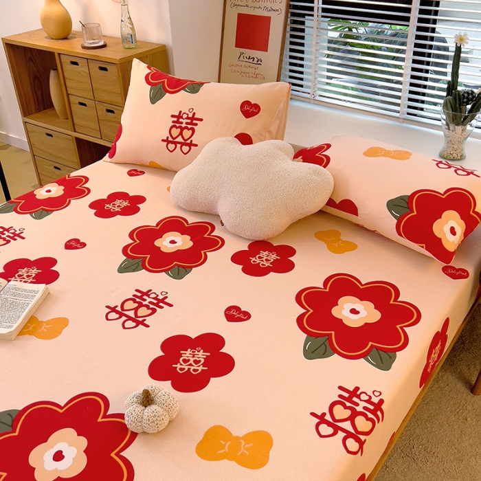 91家纺网 家纺一手货源 找家纺 芃成 2022新款全棉磨毛单床笠 红双喜