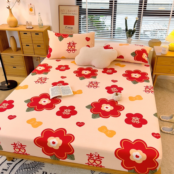 91家纺网 家纺一手货源 找家纺 芃成 2022新款全棉磨毛单床笠 红双喜