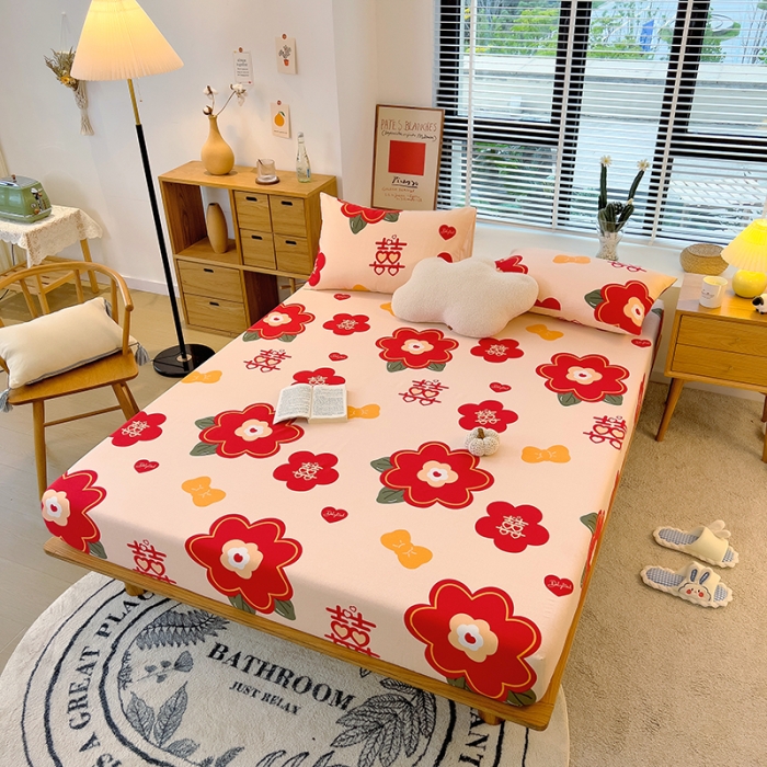 91家纺网 家纺一手货源 找家纺 芃成 2022新款全棉磨毛单床笠 红双喜